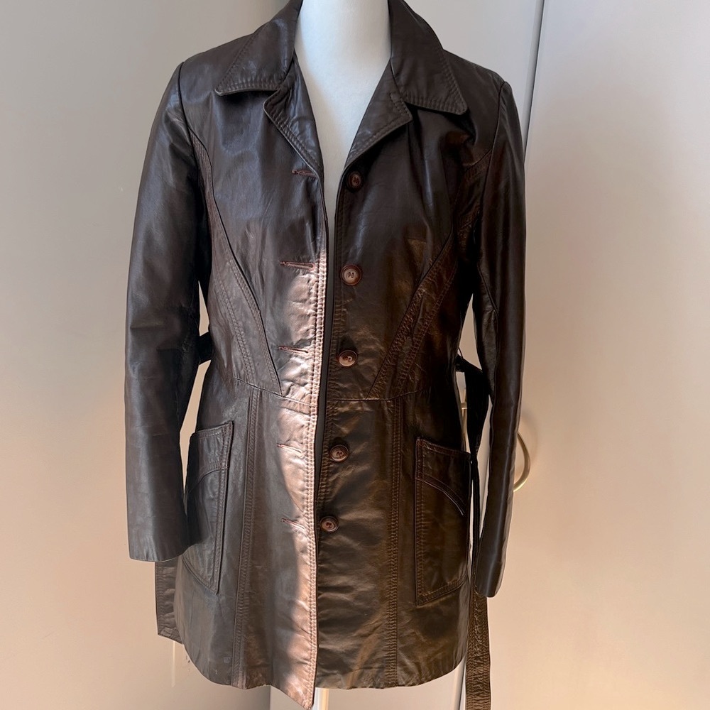 70s Cognac Leather Coat - Picture 3 of 8